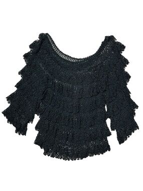 Vintage Rose Black Crochet Lace Layered Boho Top Medium